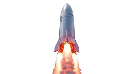 Obraz premium Majestic rocket ascends with brilliant flame against a clear background image.