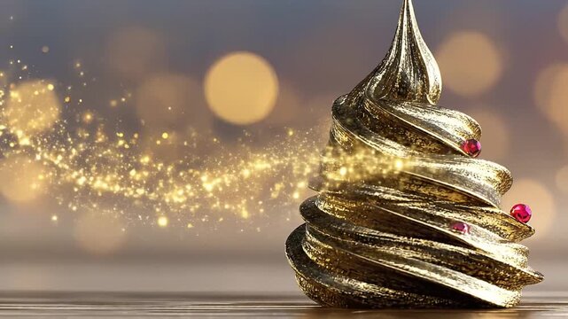Golden Abstract Swirl with Red Ornaments and Sparkling Bokeh Lights, Festive Celebration Background