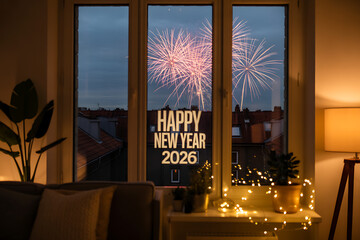 happy new year 2026 from cozy living room with fireworks view through window