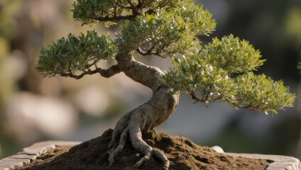 Fototapeta premium Close-up of a bonsai tree in a stone pot. Lush green leaves and gnarled branches