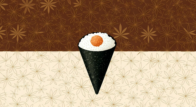 Geometric Japanese Design, Minimalist. a single temaki (hand roll) cone, background pattern of Asanoha (hemp leaf), in earthy tones of brown, beige, and moss green 