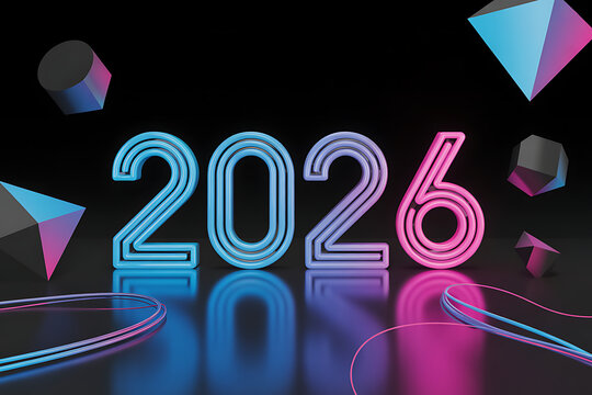 digital 2026 background with neon aesthetics and geometric floating elements