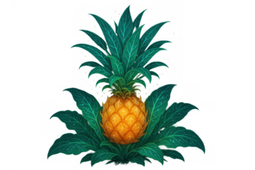 Pineapple fruit plant illustration with vibrant green leaves displaying tropical food theme on transparent background