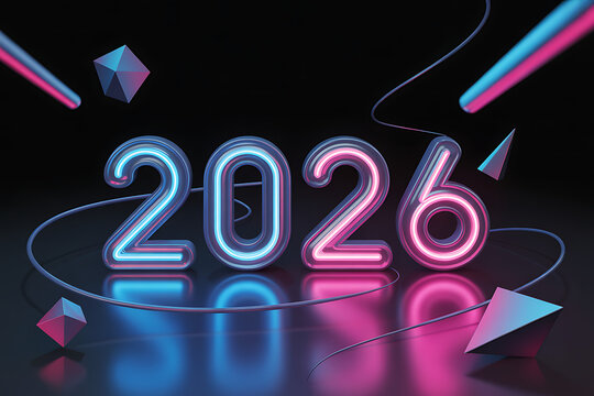 neon 2026 futuristic design with glowing numbers and geometric shapes - Powered by Adobe