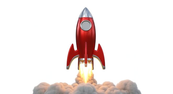 A vibrant red rocket launches upwards, propelled by fire and smoke, on white background.