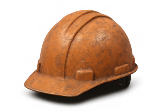Orange hard hat representing construction safety and hard work, showing a worn protective helmet with transparent background