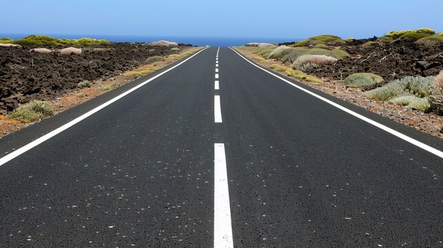 Asphalt road stretches endlessly, leading towards a distant horizon over blue water