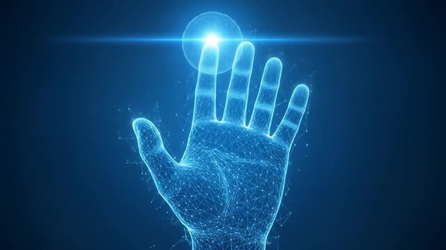 Concept of Futuristic Digital Interaction An Illuminating Wireframe Hand Engaging with a High-Tech Touchpoint, Symbolizing Advanced Technology and Connectivity