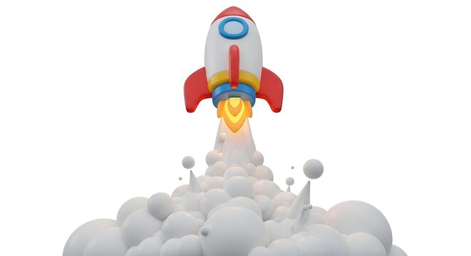 A whimsical 3D rocket takes off, propelled by bright orange flames and white billowing smoke.