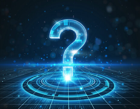 Digital glowing question mark symbolizing inquiry and curiosity, surrounded by a futuristic grid and abstract light particles, representing technology and innovation in a modern context
