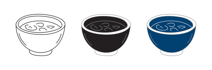 Three soup bowls vector icon set outline black and blue