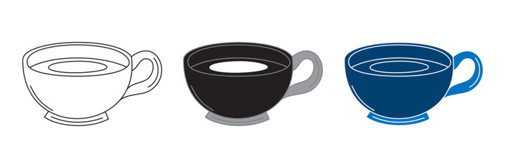 Three Coffee Cups Outline, Black and Blue Filled Mugs
