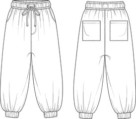 Drawing of relaxed fit pants, front back views, fashion illustration, apparel, joggers, outline, vector, blueprint, garment, casual wear, drawstring waist, cuffed ankles, pockets, clothing template.