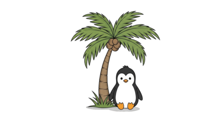 Cute cartoon penguin standing next to a tropical palm tree.
