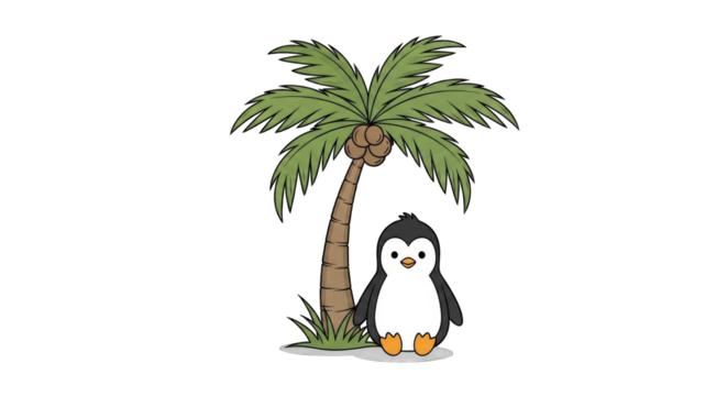 Cute cartoon penguin standing next to a tropical palm tree.