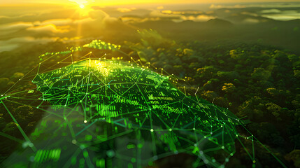 Brazil as a Glowing Green Heart of the World, Forest Canopy and Financial Graphs, Climate Leadership, Sustainable Energy, Cinematic Sunrise