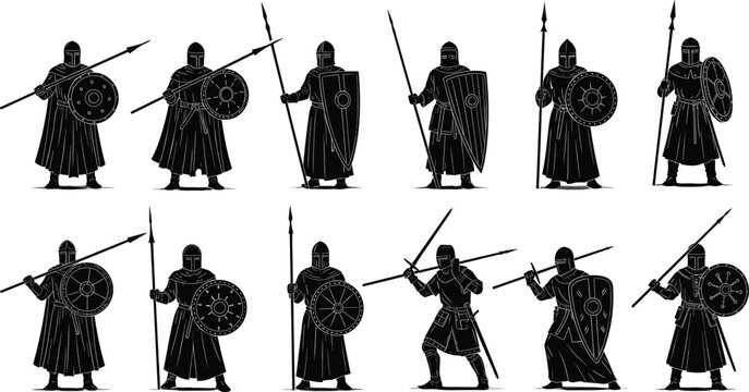 Medieval knights and warriors silhouettes, armed with spears, shields, swords, armor, historical, fantasy, ancient, soldier, battle, combat, army, strength, power, black, vector, illustration, heroic.