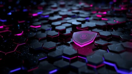 A glowing, futuristic shield symbolizes cyber security on a hexagonal grid background with glowing hexagons and a dark, metallic texture.