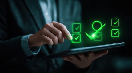business professional using tablet with glowing icons and green checkmark symbolizing evaluation approval and digital strategy