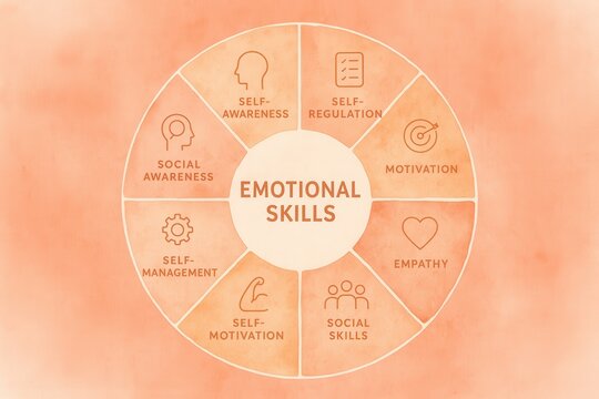 Emotional skills framework illustrating self awareness, self regulation, social awareness, self management, self motivation, empathy, motivation, social skills, and their interconnectedness