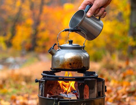 A person pouring water into a kettle over a campfire outdoors