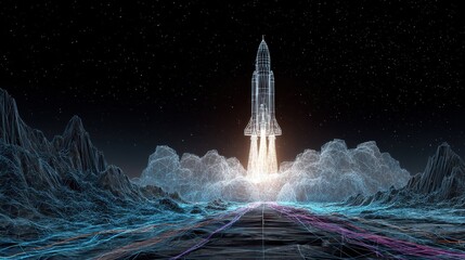 futuristic wireframe hologram of a space rocket launching above digital landscape