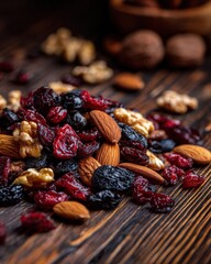 Mixed Dried Fruits And Nuts On Wooden Background