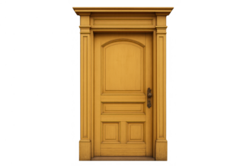 Vintage wooden door featuring a detailed arch panel and intricate molding, offering a classic entrance on a transparent background