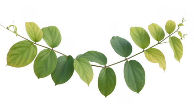 Green and yellow leaves on branch isolated on a transparent background