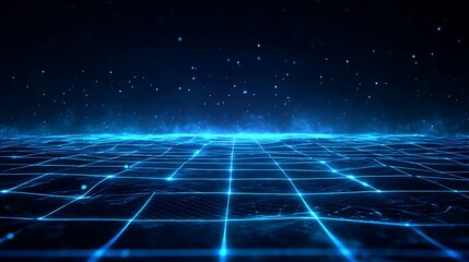 A digital grid with glowing blue lines and particles, set against a dark, starry sky.