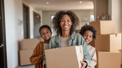 Happy African American family moves into new house carrying boxes