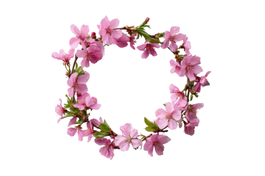 Pink cherry blossom branches arranged in a circular wreath on black flower floral