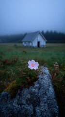 Delicate Pink Flower On Stone In Misty Field
