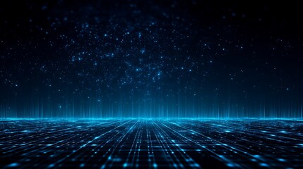 A futuristic, digital landscape with a grid of glowing blue dots and a starry sky in the background.