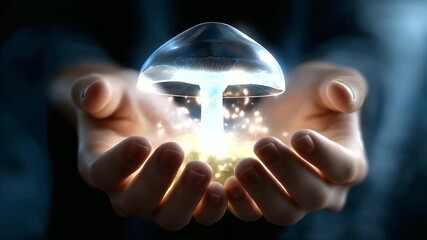 Anonymous hands manipulating hologram with defocused body and crystal clear glowing mushroom structure visible, with copy space - Powered by Adobe