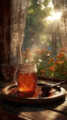 Honey Jar Sunlight Wooden Tray Window