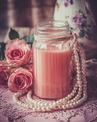 Pink Smoothie In Glass Jar With Roses And Pearls