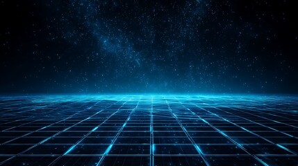 A digital grid with glowing blue lights and a starry sky in the background.