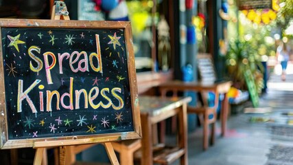 Colorful chalkboard sign with "Spread Kindness" message outdoors