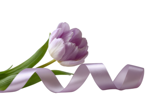 Single lilac tulip flower with flowing satin ribbon on black background purple pink