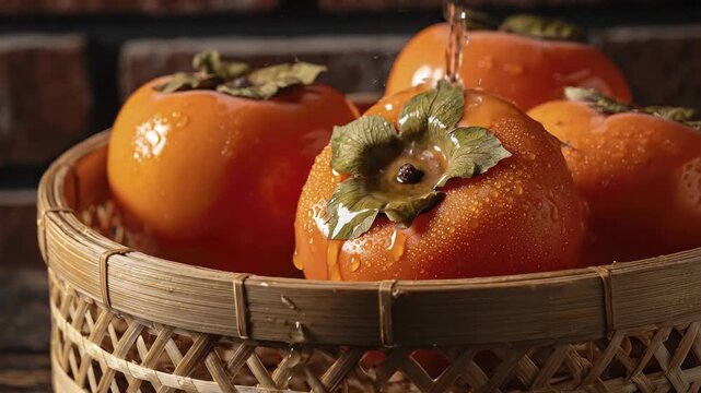 A close-up of vibrant orange persimmons being rinsed with water inside a natural fiber basket with a brick wall in the background