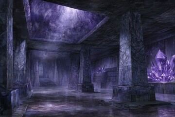 Dark Purple Stone Corridor With Glowing Crystals