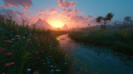 Colorful Floral Meadow River Scene Sunset