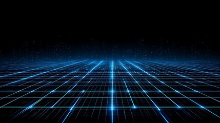 A digital, grid-like landscape with glowing lines and a dark, starry background.