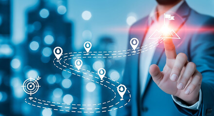 Businessmans finger touching a glowing digital path with location pins leading to a target and a flag, representing strategic planning and goal achievement in business
