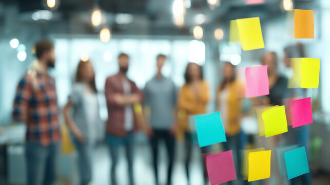 Diverse team brainstorms ideas using colorful sticky notes on glass in modern office setting