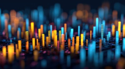 datadriven approaches transforming modern economics abstract digital visualization with vibrant bars representing data metrics against a blue background