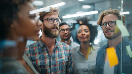 Diverse team collaborating using sticky notes on glass wall, brainstorming new ideas in office