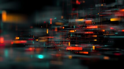 A futuristic, digital cityscape with vibrant lights and abstract shapes, set against a dark background.