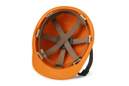 Orange safety hard hat top view with suspension system providing head protection on construction sites